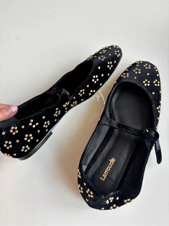 Larroude Shoes - Larroude Black with Gold Floral Emblisments Mary Jane Flats